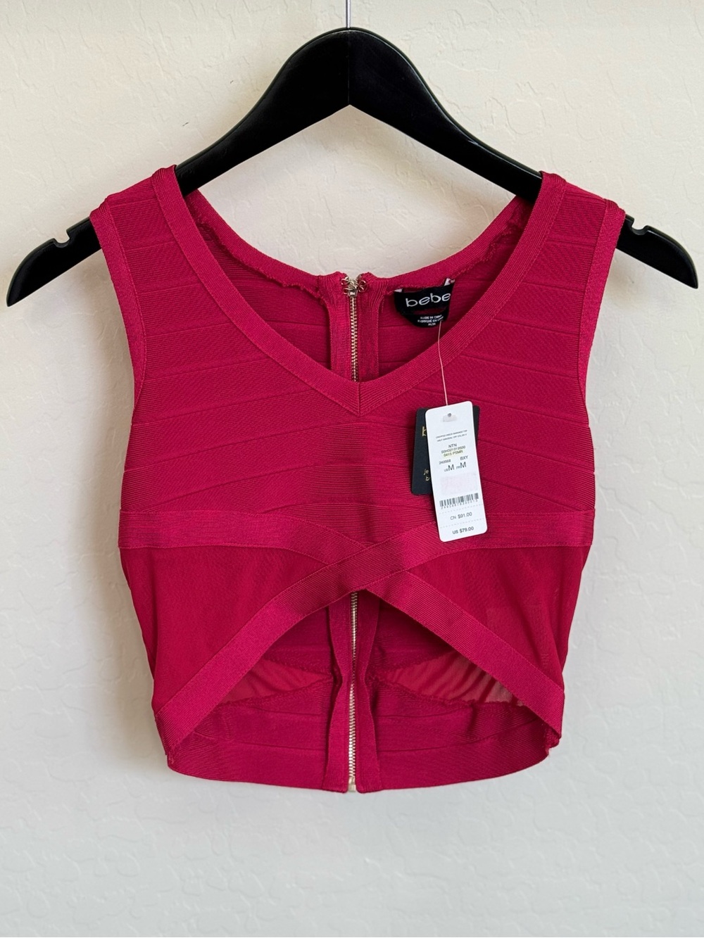 bebe Hot Pink V-Neck Bandage Crop Top Sheer Crisscross Mesh Zipper NWT Medium